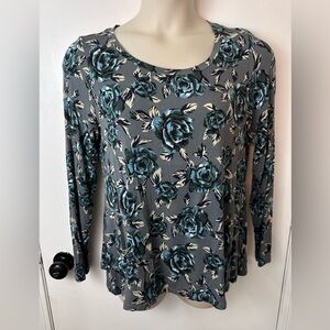 LOGO BY LORI GOLDSTEIN Women's Grey Blue Rose Print Tunic Top Size M #1527